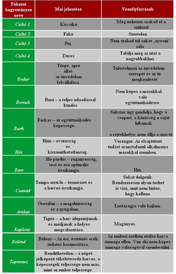 A  Baranta fokozatai - táblázatban feltüntetve